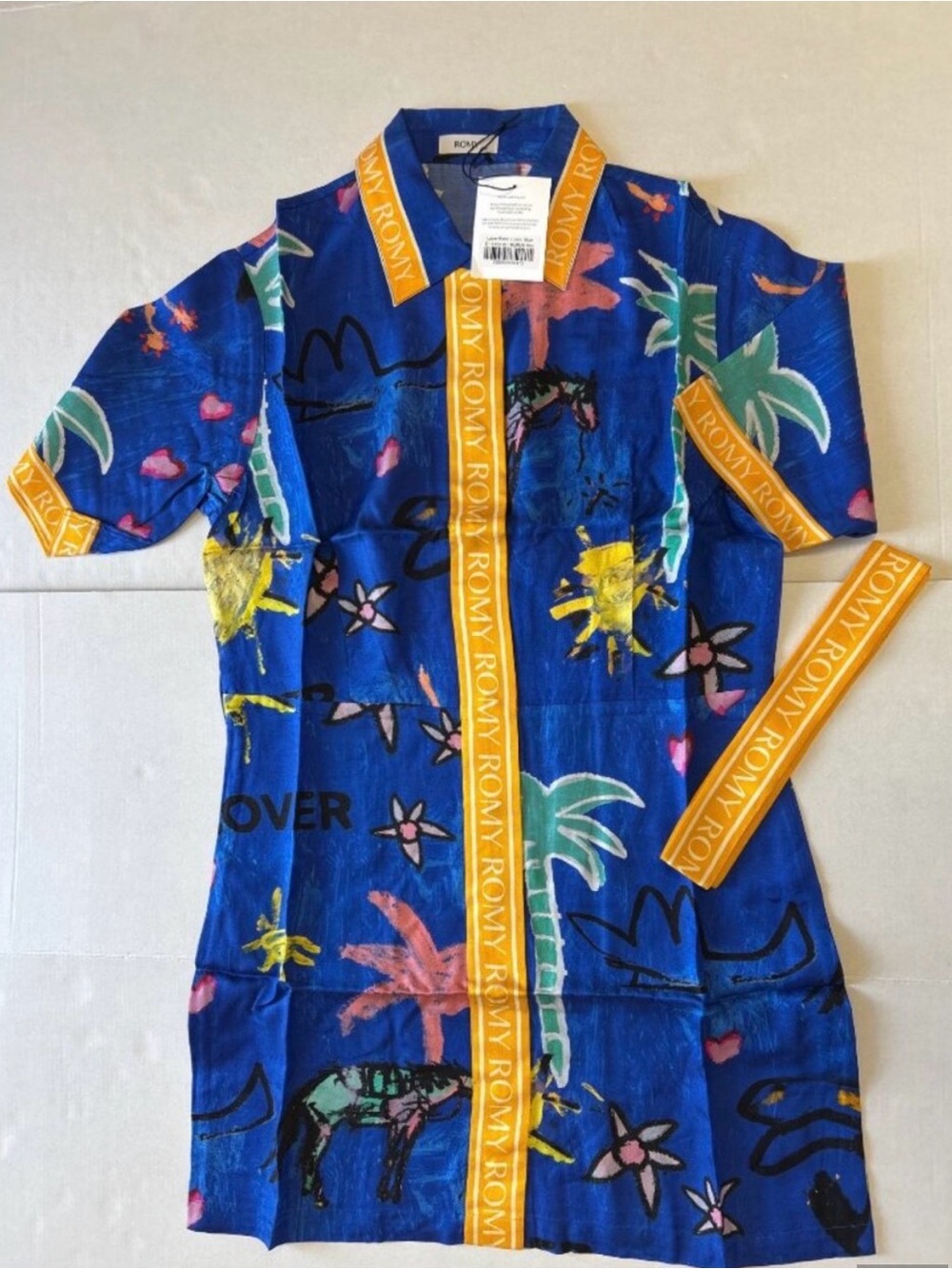 Romy Bold Blue Button-Front Dress with Yellow Stripe - Picture 2 of 5